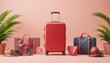 © afif - Red suitcase, gifts, travel, studio, pink background, vacation ad