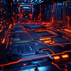 Poster - Futuristic High-Tech Corridor With Glowing Circuitry and Vibrant Color Contrasts in a Digital Environment