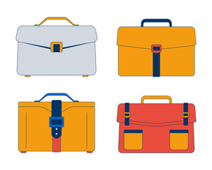 Poster - Four briefcases for professionals 2D cartoon objects set. Business accessories. Workplace essentials isolated elements flat vector cliparts on white background. Spot illustrations collection