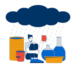 Poster - Rainwater harvesting 2D illustration concept. Conservation. Caucasian man collecting rain water with various containers cartoon character isolated on white. Metaphor abstract flat vector graphic