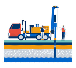 Poster - Water well drilling with groundwater layers cartoon flat illustration. Borewell construction. Drillers workers with drilling rig 2D characters isolated on white background. Vector colorful image