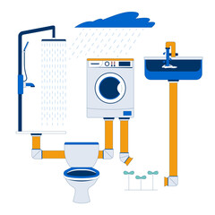 Aufkleber - greywater reuse system for domestic use 2d illustration concept. shower, washer, sink, toilet and ra