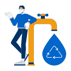 Poster - Water recycling system 2D illustration concept. Eco-friendly plumbing. Asian man standing next to faucet tap and waterdrop cartoon character isolated on white. Metaphor abstract flat vector graphic