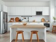 © Prisana - Wooden vintage table top closeup in zen mood over contemporary minimalist Scandinavian white kitchen with island and stools, kitchen, minimalist, table top