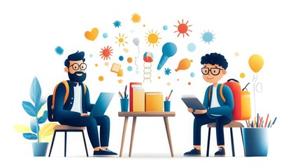 Poster - Creative collaboration between two friends with laptops and colorful ideas in a bright space