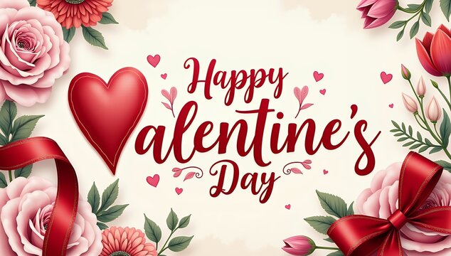Happy Valentines Day Greeting Card with Red Heart and Roses and flowers, Valentine's Day Greeting Card