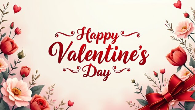Happy Valentines Day Greeting Card with Red Heart and Roses and flowers, Valentine's Day Greeting Card