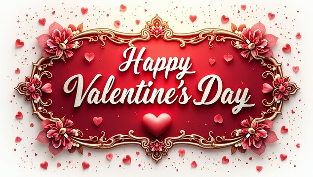 Happy Valentines Day Greeting Card with Red Heart and Roses and flowers, Valentine's Day Greeting Card
