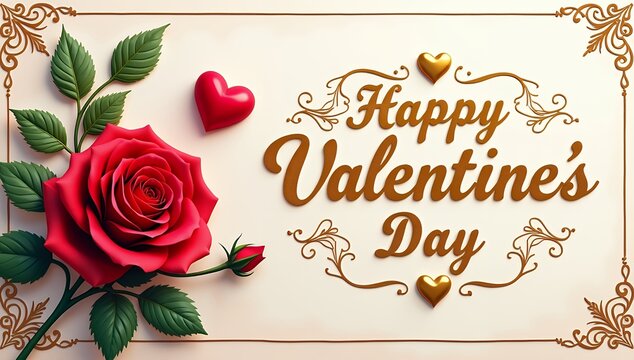 Happy Valentines Day Greeting Card with Red Heart and Roses and flowers, Valentine's Day Greeting Card