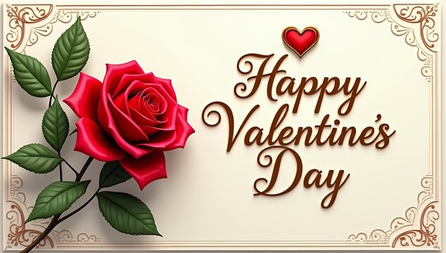 Happy Valentines Day Greeting Card with Red Heart and Roses and flowers, Valentine's Day Greeting Card