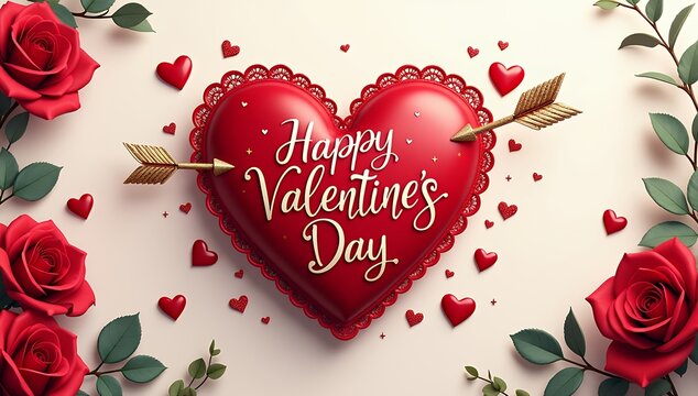 Happy Valentines Day Greeting Card with Red Heart and Roses and flowers, Valentine's Day Greeting Card