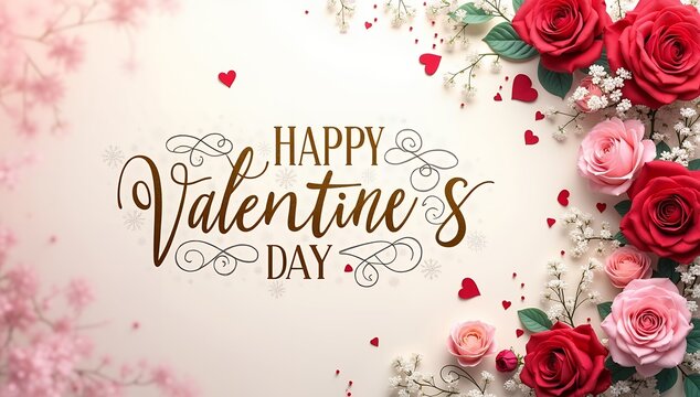 Happy Valentines Day Greeting Card with Red Heart and Roses and flowers, Valentine's Day Greeting Card