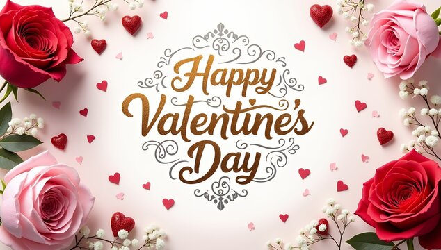 Happy Valentines Day Greeting Card with Red Heart and Roses and flowers, Valentine's Day Greeting Card