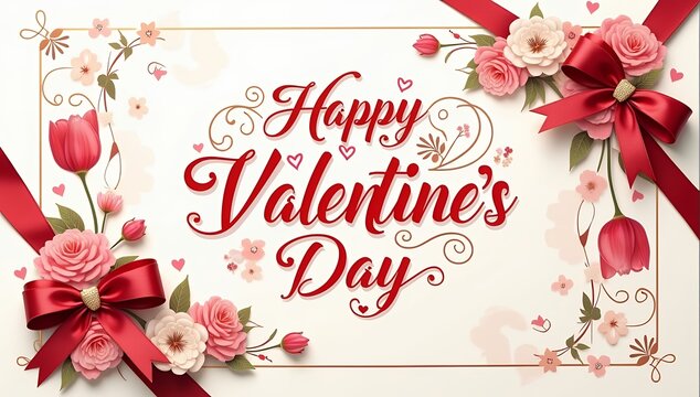 Happy Valentines Day Greeting Card with Red Heart and Roses and flowers, Valentine's Day Greeting Card
