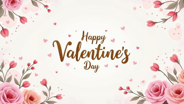 Happy Valentines Day Greeting Card with Red Heart and Roses and flowers, Valentine's Day Greeting Card