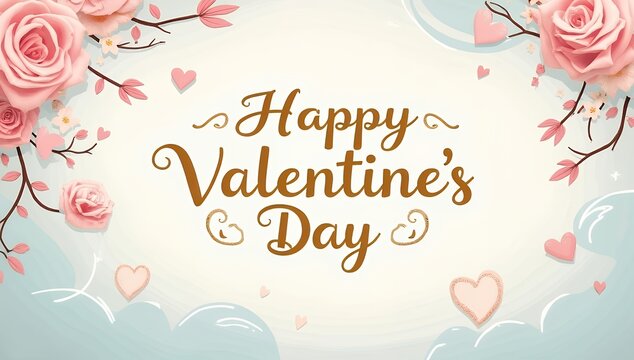 Happy Valentines Day Greeting Card with Red Heart and Roses and flowers, Valentine's Day Greeting Card