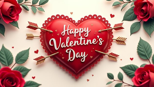 Happy Valentines Day Greeting Card with Red Heart and Roses and flowers, Valentine's Day Greeting Card