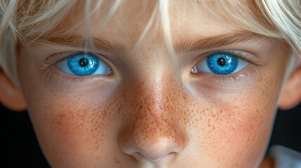 Wall Mural - A young child with vivid blue eyes and freckles stares directly at the viewer, showcasing a mix of curiosity and wonder against a dark background. The expression is captivating