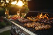 © Mark - At an outdoor event, friends congregate around a barbecue grill brimming with food. Area for text provided