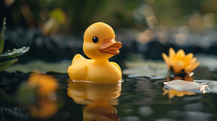 A duck emoji on a serene pond background