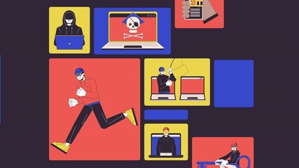 Poster - Cyber frauds bento grid animation. Robber scammers with mobile phones, laptops. Computer hackers crimes collage motion 4K video web design. Animated cartoon characters collection mood board