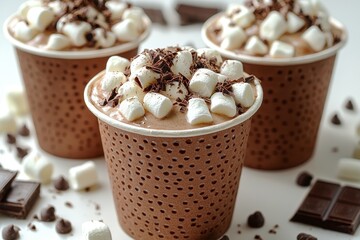 Cocoa, marshmallows, and chocolate in a paper cup on a white background