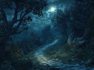 Wall Mural - Moonlit Path Winding Through Enchanting Forest Night Scene