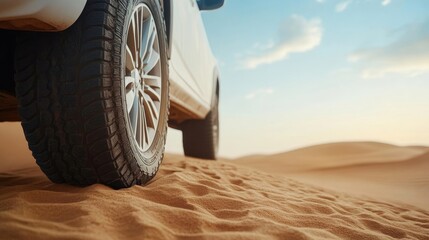 Wheel of a white SUV on sandy desert terrain under a blue sky with clouds, highlighting off-road adventure, exploration, and travel experiences in nature's vast landscapes