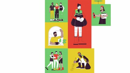 Poster - We culture mentality bento grid animation. Improving environment in neighborhood. Inclusive people diverse collage motion 4K video web design. Animated cartoon characters collection mood board