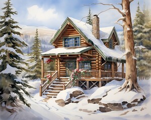 Wall Mural - A cozy snow-covered cabin surrounded by evergreen trees in a serene winter setting