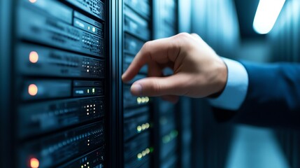 Poster - Server Maintenance in a Data Center With a Technician Adjusting Equipment During Evening Hours