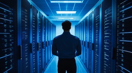 Poster - Person Observing Server Racks in a High-Tech Data Center During Evening Hours