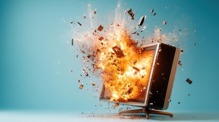 a dramatic image of an exploding television emits flames and shards, capturing the chaos and energy 