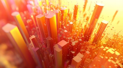 Poster - Vibrant Cityscape Abstract Representation With Colorful Vertical Structures Rising Against a Warm Backdrop