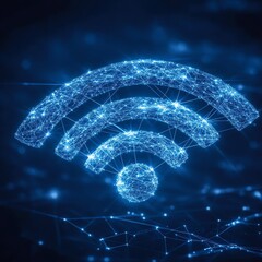 Poster - Digital Representation of a Wireless Signal Symbol Illuminated in Blue Tones Against a Dark Background