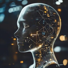 Poster - Digital Representation of a Futuristic Humanoid Figure With Illuminated Circuitry and Data Patterns in a Technological Environment