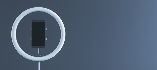 Poster - Smartphone in a ring light holder on gradient background. 3D Rendering
