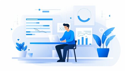 Poster - Businessman Analyzing Data on Laptop, Charts and Graphs