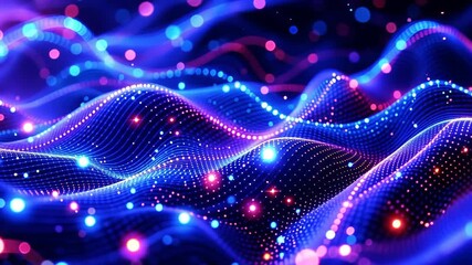 Poster - Abstract digital waves with glowing particles. Futuristic technology visualization in purple and blue neon colors. Dynamic network connection concept for science presentation with copy space
