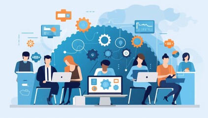 Poster - Teamwork and Technology: A Collaborative Workspace Illustration