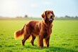 © WoodHunt - A majestic Irish Setter stands gracefully in a lush green field, its beautiful red coat shining in the sunlight. The open sky above and the gentle breeze create a serene and peaceful setting.