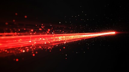 Poster - Red speed light horizontal straight line on black background. Realistic vector illustration of abstract neon or laser glow motion effect. Long dynamic flare beam and ray with sparkle in movement.