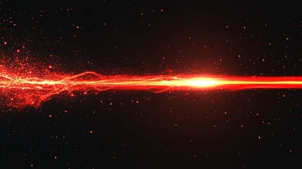 Poster - Red speed light horizontal straight line on black background. Realistic vector illustration of abstract neon or laser glow motion effect. Long dynamic flare beam and ray with sparkle in movement.