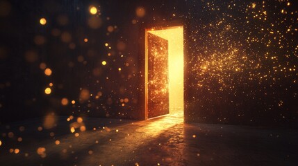 Poster - Open door with bright light behind in dark room. Concept of future, new opportunity, freedom, discovery or mystery. Empty room with glow with gold sparkles from doorway, vector realistic illustration