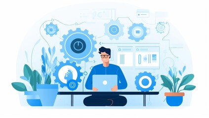 Poster - Man Working on a Laptop with Gears and Plants Around Him