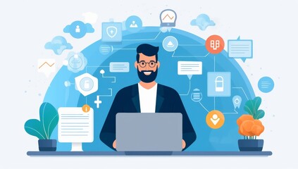 Aufkleber - A Happy Bearded Man Working on His Laptop with a Network of Data Around Him