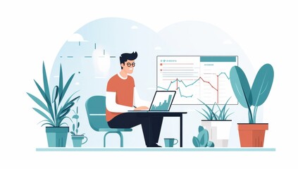 Poster - Man Analyzing Financial Data on Laptop in Home Office Setting
