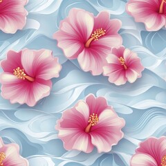 Wall Mural - Pink Hibiscus Flowers on a Blue Waterlike Background