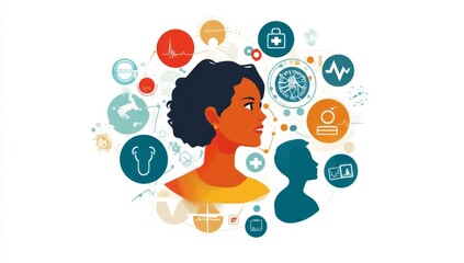 Poster - Digital Healthcare: Woman Profile Surrounded by Medical Icons and Data