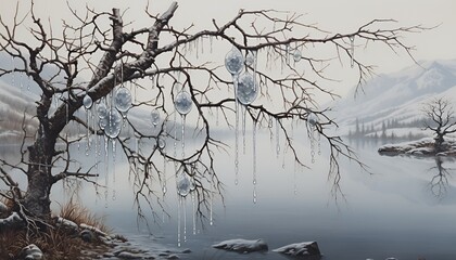 Wall Mural - Frozen water droplets hanging from delicate branches in a serene winter landscape